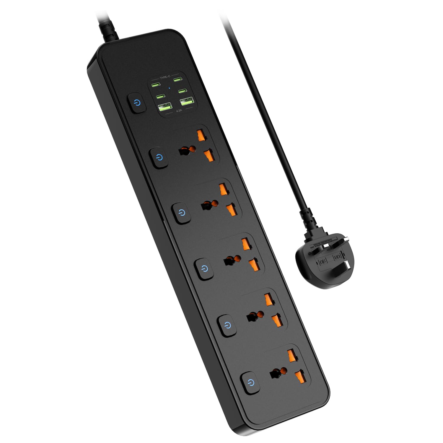 Universal Power Strip with USB Ports Individual Swtich 6ft Power Cord 5 Universal AC Outlets 4USB C and 2USB (5V/4.2A) Max 3000w 110-240V Child Safe Door Multi Plug Power Strip for Travel