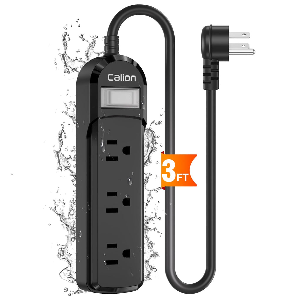 Black Outdoor Power Strip Weatherproof3 FT Short Waterproof Extension CordSurge Protector with 3 Wide Outlets 16AWG1875W/15Amps Shockproof Outlet Extender for KitchenPatioGarden Lighting