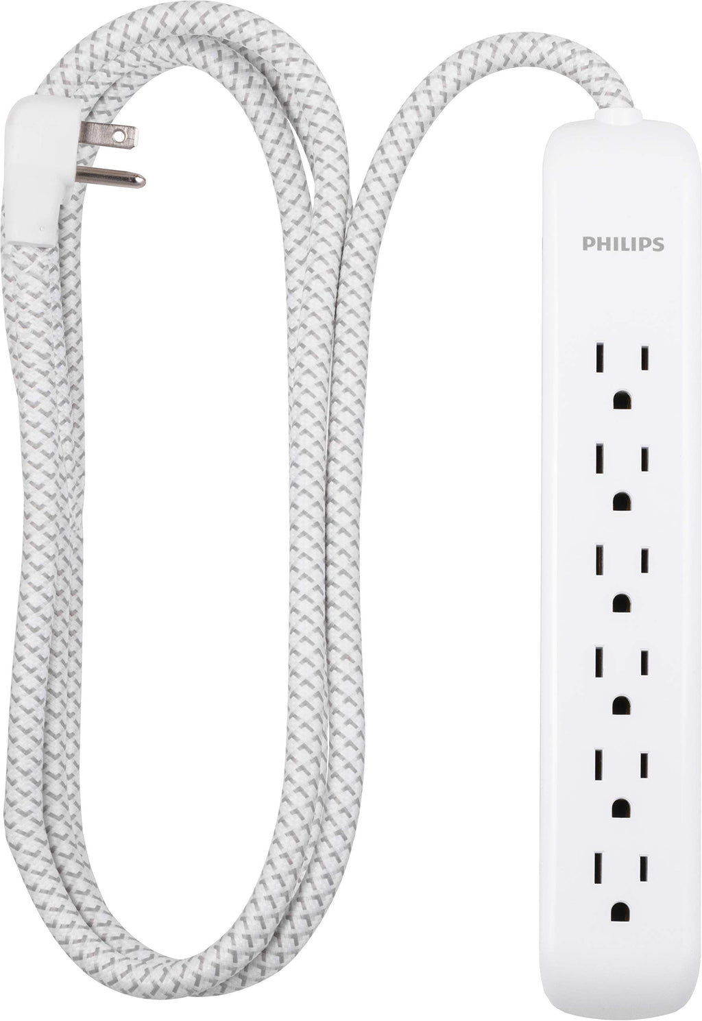 Philips 6 Outlet Power Strip Surge Protector 6 Ft Power Cord Designer Braided Extension Cord Flat Plug Perfect for Office or Home Décor 1080 Joules White SPC3054WA/37