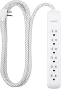 Philips 6 Outlet Power Strip Surge Protector 6 Ft Power Cord Designer Braided Extension Cord Flat Plug Perfect for Office or Home Décor 1080 Joules White SPC3054WA/37