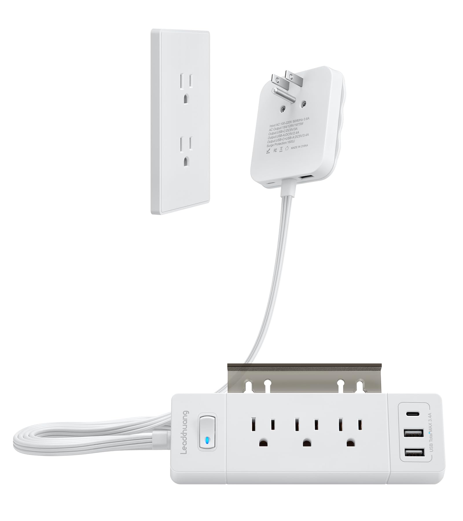 Leadchuang Flat Plug Power Strip with USB C Wall Charger 6ft Power Strip with USB Ports 3 Outlets and 5 USB Ports Surge Protector Power Strip Flat Plug Extension Cord Flat Wall PlugMountablehome